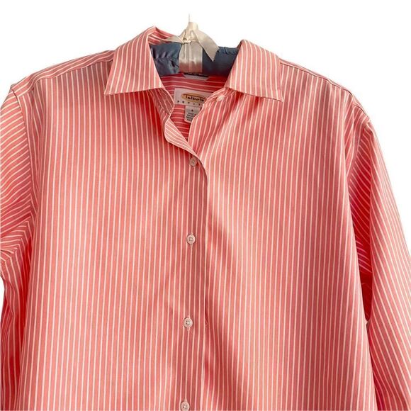 Talbots Petites Wrinkle Resistant Cotton Long Sleeve Blouse Pink + White Stripe - Picture 5 of 6